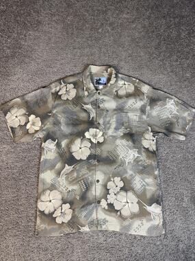 AFTCO Bluewater Shirt Mens L Beige Gray Floral Short Sleeve Button Up Pockets